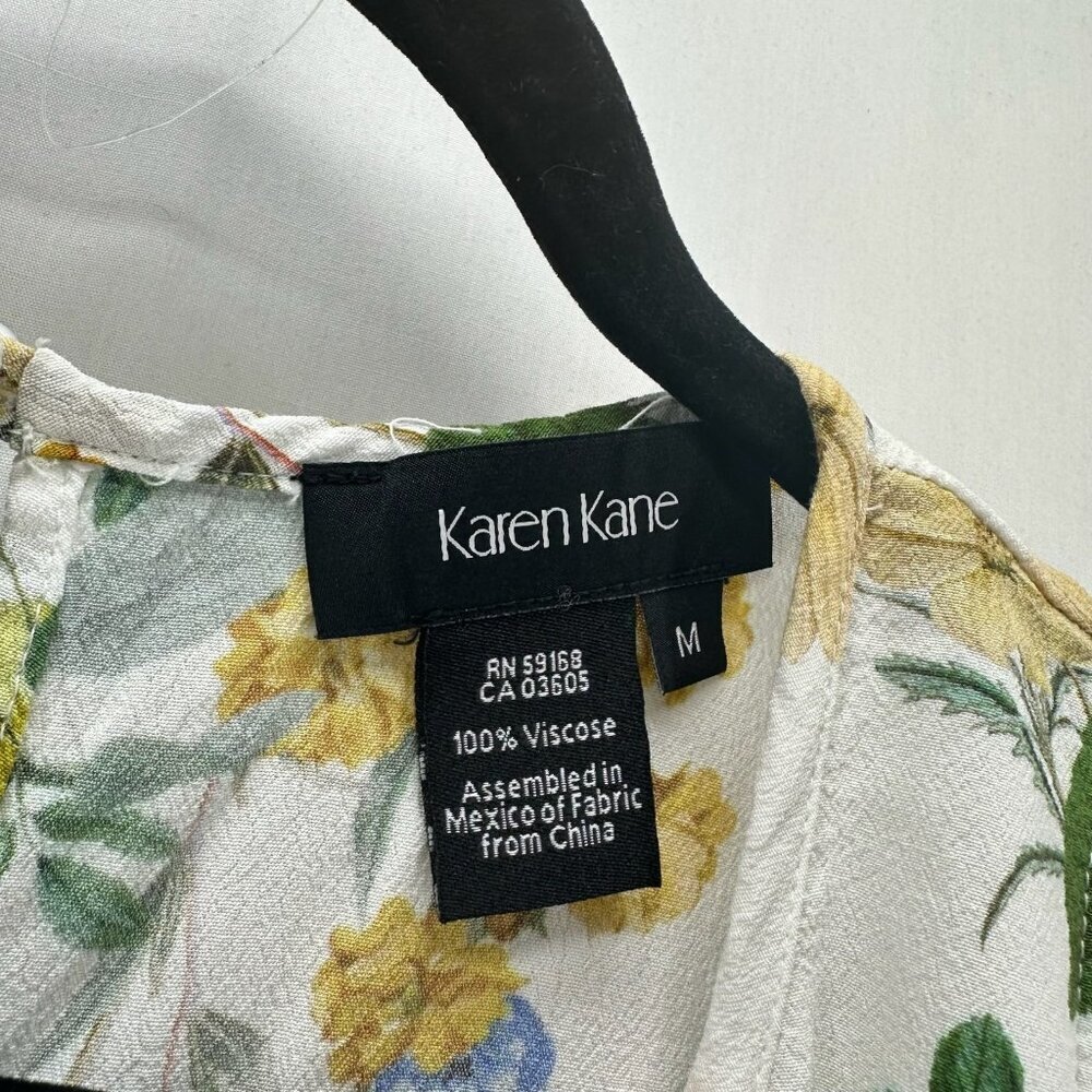 Karen Kane Ruffle Hem Tank Top Women M Round Neck Sleeveless Floral White Yellow - Picture 10 of 10